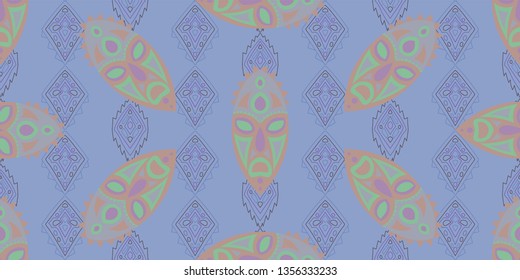 Seamless Folk Background. Ethnic Seamless Pattern with Color Trible Ritual Masks for Cotton, Calico, Textile. Modern Folk
