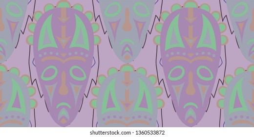 Seamless Folk Background. Ethnic Seamless Pattern with Color Trible Ritual Masks for Cotton, Print, Textile. Modern Abstract Back
