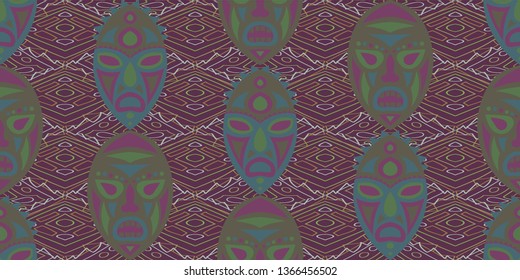 Seamless Folk Background. Ethnic Seamless Pattern with Color Trible Ritual Masks for Dress, Curtain, Tablecloth. Retro Abstract Back