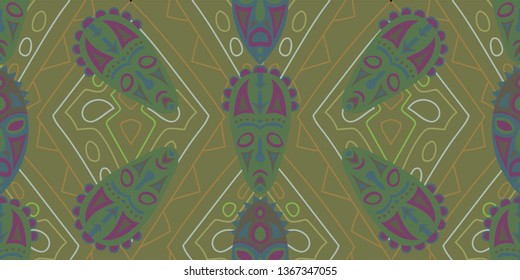 Seamless Folk Background. Ethnic Seamless Pattern with Color Trible Ritual Masks for Print, Fabric, Textile. Modern Folk