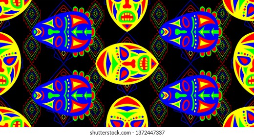 Seamless Folk Background. Ethnic Seamless Pattern with Color Trible Ritual Masks for Wallpaper, Fabric, Textile. Vintage Folk