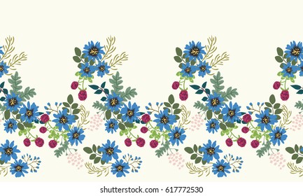 Seamless folk border in small vibrant wildflowers. Country style millefleurs. Floral meadow background for textile, wallpaper, pattern fills, covers, surface, print, gift wrap, scrapbooking, decoupage