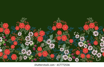 Seamless folk border in small vibrant wildflowers. Country style millefleurs. Floral meadow background for textile, wallpaper, pattern fills, covers, surface, print, gift wrap, scrapbooking, decoupage
