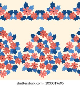 Seamless folk border in small wild flowers. Country style millefleurs. Floral meadow background for textile, wallpaper, pattern fills, covers, surface, print, gift wrap, scrapbooking, decoupage.