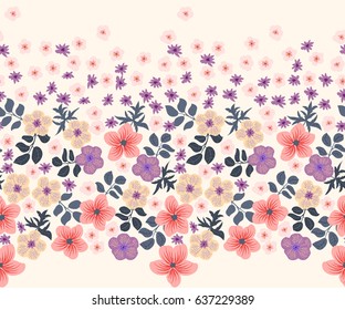 Seamless folk border in small wild flowers. Country style millefleurs. Floral meadow background for textile, wallpaper, pattern fills, covers, surface, print, gift wrap, scrapbooking, decoupage.