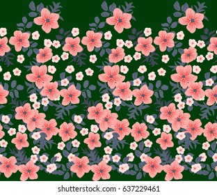 Seamless folk border in small wild flowers. Country style millefleurs. Floral meadow background for textile, wallpaper, pattern fills, covers, surface, print, gift wrap, scrapbooking, decoupage.