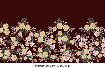 Seamless folk border in small wild flowers. Liberty style millefleurs. Floral meadow background for textile, wallpaper, covers, surface, print, gift wrap, scrapbooking, decoupage. Rustic chic