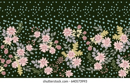Seamless folk border in small wild flowers. Liberty style millefleurs. Floral meadow background for textile, wallpaper, covers, surface, print, gift wrap, scrapbooking, decoupage. Rustic chic