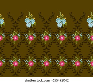 Seamless folk border in small wild flowers. Country style millefleurs. Floral meadow background for textile, wallpaper, pattern fills, covers, surface, print, gift wrap, scrapbooking, decoupage.