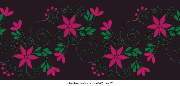 Seamless folk border in small wild flowers. Vector imitation of embroidery. Country style. Floral background for textile, wallpaper, covers, surface, print, gift wrap, scrapbooking, decoupage.