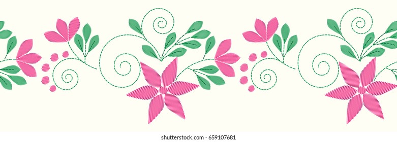 Seamless folk border in small wild flowers. Vector imitation of embroidery. Country style. Floral background for textile, wallpaper, covers, surface, print, gift wrap, scrapbooking, decoupage.