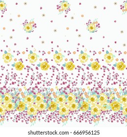 Seamless folk border in small wild flowers. Country style millefleurs. Floral meadow light background for textile, wallpaper, pattern fills, covers, surface, print, gift wrap, scrapbooking, decoupage.