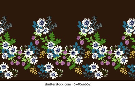 Seamless folk border in small wild flowers. Country style millefleurs. Floral cuban background for textile, wallpaper, pattern fills, covers, surface, print, gift wrap, scrapbooking, decoupage.