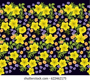 Seamless folk border in small wildflowers. Country style millefleurs. Floral trendy meadow background for textile, wallpaper, covers, surface, print, gift wrap, scrapbooking, decoupage. Satin print.