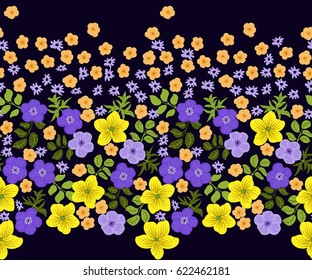 Seamless folk border in small wildflowers. Country style millefleurs. Floral trendy meadow background for textile, wallpaper, covers, surface, print, gift wrap, scrapbooking, decoupage. Satin print.