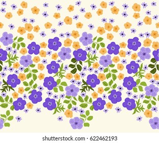 Seamless folk border in small wildflowers. Country style millefleurs. Floral trendy meadow background for textile, wallpaper, covers, surface, print, gift wrap, scrapbooking, decoupage. Satin print.