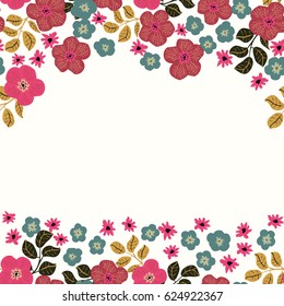 Seamless folk border in small wildflowers. Country style millefleurs. Floral meadow background for textile, wallpaper, covers, surface, print, gift wrap, scrapbooking, decoupage. Place for text.
