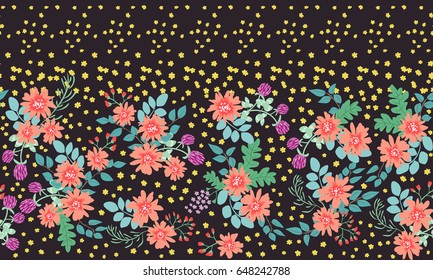 Seamless folk border in small-scale wild flowers. Rustic chic millefleurs. Floral meadow background for textile, wallpaper, pattern fills, covers, surface, print, gift wrap, scrapbooking, decoupage.
