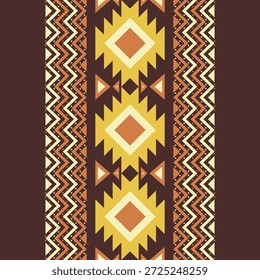 Nahtlose Folk Diamond Zigzag Border Pattern Vektor. Warme Erdfarbpalette in Braun, Gelb und Terrakotta. Ideal für Textilien, Stoffdrucke, Tapeten und ethnische Hintergründe.
