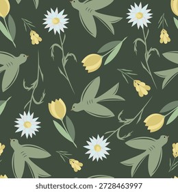 Padrão floral folclórico sem costura com pássaros, margaridas e tulipas amarelas no fundo verde escuro. Perfeito para tecido e têxtil, papel de parede, papel de embrulho, papelaria, embalagem, decoração de berçário, crianças