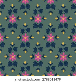Seamless folk floral pattern with bright pink flowers, yellow buds, and dark blue leaves on a muted green background. Perfect for fabric, wallpaper, wrapping paper, textile prints,