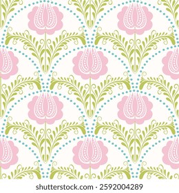 Seamless folk floral pattern with pink tulip flowers and green leaves. Vintage-inspired design with intricate, decorative details. Perfect for textiles, wallpaper, stationery, and digital backgrounds.