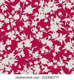 Nahtlose volkstümliche Blumenmuster. Silhouetten von kleinen Blütengänseblümchen, Wildblumen und Pflanzen in einfacher, flacher Form. Cartoon-Stil. Sommermode für Design, Gewebe, Textilien, Umhüllung, Karte