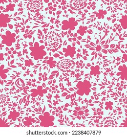 Nahtlose volkstümliche Blumenmuster. Silhouetten von kleinen Blütengänseblümchen, Wildblumen und Pflanzen in einfacher, flacher Form. Cartoon-Stil. Sommermode für Design, Gewebe, Textilien, Umhüllung, Karte