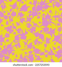 Seamless folk floral pattern. Silhouettes of small blossom daisies, wildflowers and plants in simple sketch flat manner. Cartoon style. Summer fashion print for design, fabric, textile, wrapping, card