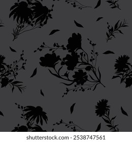 Seamless folk floral pattern. Silhouettes of small blossom daisies, wildflowers and plants in simple sketch flat manner. Cartoon style. Summer fashion print for design, fabric, textile, wrapping, card