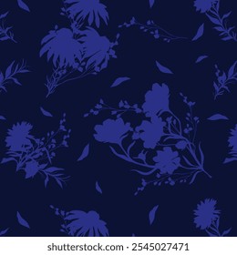 Seamless folk floral pattern. Silhouettes of small blossom daisies, wildflowers and plants in simple sketch flat manner. Cartoon style. Summer fashion print for design, fabric, textile, wrapping, card
