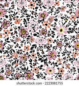 Seamless folk floral pattern. Small blossom daisies, wildflowers and plants in simple sketch flat manner. Cartoon Boho-chic style. Summer fashion print for design, fabric, textile, wrapping, web, card