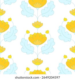 Nahtloses Folk Blumenmuster mit gelben Blumen und blauen Blättern