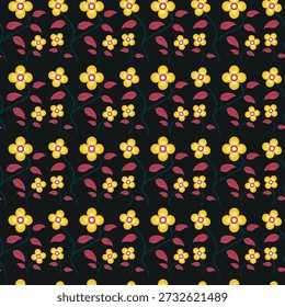 Padrão floral folclórico contínuo com flores amarelas no fundo escuro