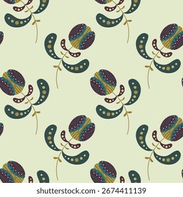 Patrón de flores populares sin fisuras Fondo de repetición floral de Boho con flores y hojas decorativas. Ilustración vectorial para textil, estampados, papel de regalo y diseño popular