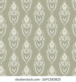 Patrón floral de herencia popular sin fisuras en tonos terracota, oliva y crema con ornamentación elegante, diseño de Vector para interiores.