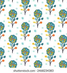 Seamless folk illustration featuring simple, flat, and bright green Malachite decorative tree Blue flower White background. Home decor, textiles Wallpapers