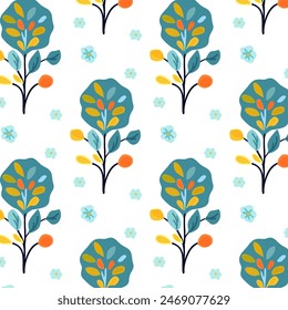  Seamless folk illustration featuring simple, flat, and bright green, malachite, and yellow decorative blue flowers, green trees white background, Autumn. Suitable for home decor, textiles, wallpapers