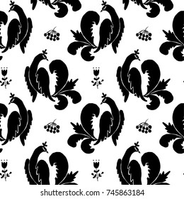 Seamless folk pattern, black and white, birds new russian style, vector