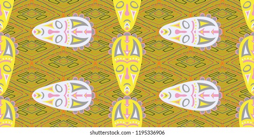 Seamless Folk Pattern. Ethnic Seamless Background with Color Trible Shamanic Masks for Dress, Paper, Tablecloth. Modern Abstract Motif with Colorful Scary Masks for your Design. Vector Texture.