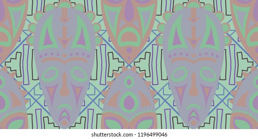 Seamless Folk Pattern. Ethnic Seamless Background with Color Trible Shamanic Masks for Dress, Paper, Tablecloth. Vintage Folk