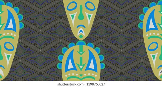 Seamless Folk Pattern. Ethnic Seamless Background with Color Trible Shamanic Masks for Print, Fabric, Cloth. Trendy Abstract Motif with Colorful Scary Masks for your Design. Vector Texture.