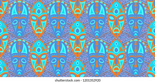 Seamless Folk Pattern. Ethnic Seamless Background with Color Trible Shamanic Masks for Cotton, Print, Textile. Vintage Folk