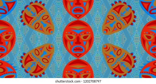 Seamless Folk Pattern. Ethnic Seamless Background with Color Trible Shamanic Masks for Cotton, Calico, Textile. Vintage Folk