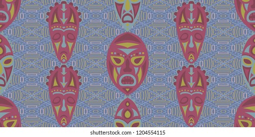 Seamless Folk Pattern. Ethnic Seamless Background with Color Trible Shamanic Masks for Dress, Curtain, Paper. Trendy Folk