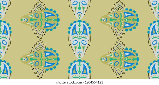 Seamless Folk Pattern. Ethnic Seamless Background with Color Trible Shamanic Masks for Print, Cloth, Textile. Retro Abstract Motif with Colorful Scary Masks for your Design. Vector Texture.