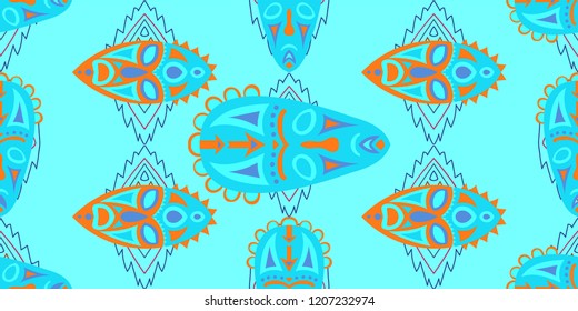Seamless Folk Pattern. Ethnic Seamless Background with Color Trible Shamanic Masks for Wallpaper, Print, Textile. Vintage Folk