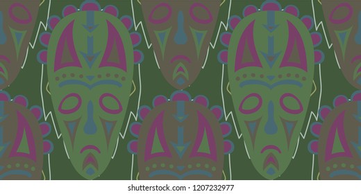 Seamless Folk Pattern. Ethnic Seamless Background with Color Trible Shamanic Masks for Dress, Curtain, Paper. Vintage Folk