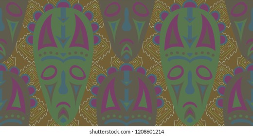 Seamless Folk Pattern. Ethnic Seamless Background with Color Trible Shamanic Masks for Print, Fabric, Textile.  Trendy Folk