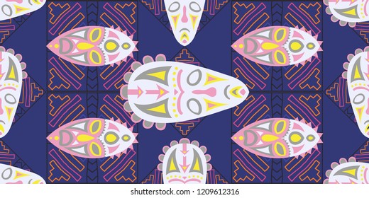Seamless Folk Pattern. Ethnic Seamless Background with Color Trible Shamanic Masks for Linen, Paper, Tablecloth. Trendy Abstract Motif with Colorful Scary Masks for your Design. Vector Texture.